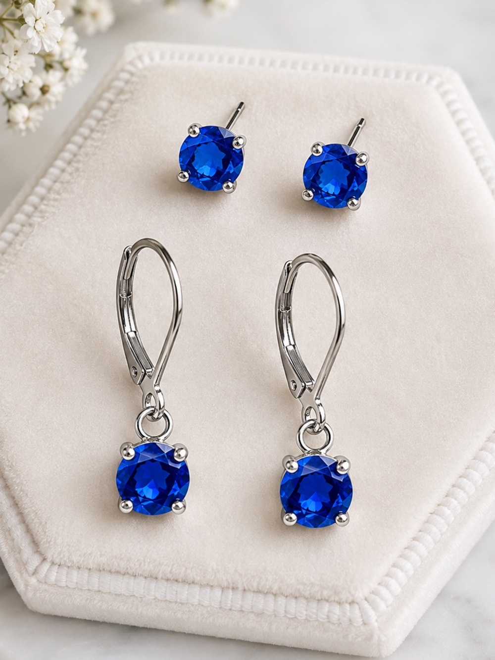 NEW Sapphire Blue Crystal Gemstone Earrings | Hypoallergenic Stainless Steel